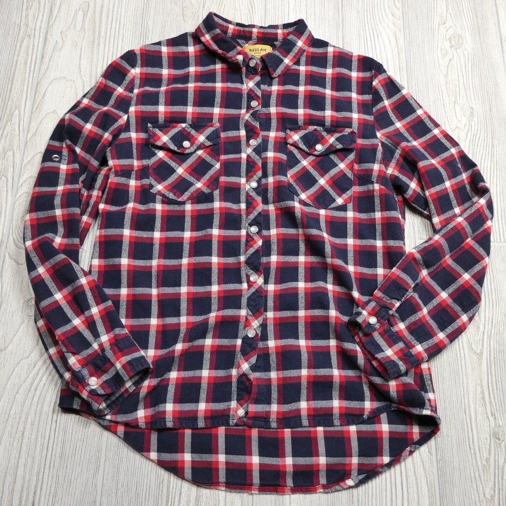 Beulah Style Pearl Snap Shirt‎ Womens Medium Plaid Button Down Flap Pockets